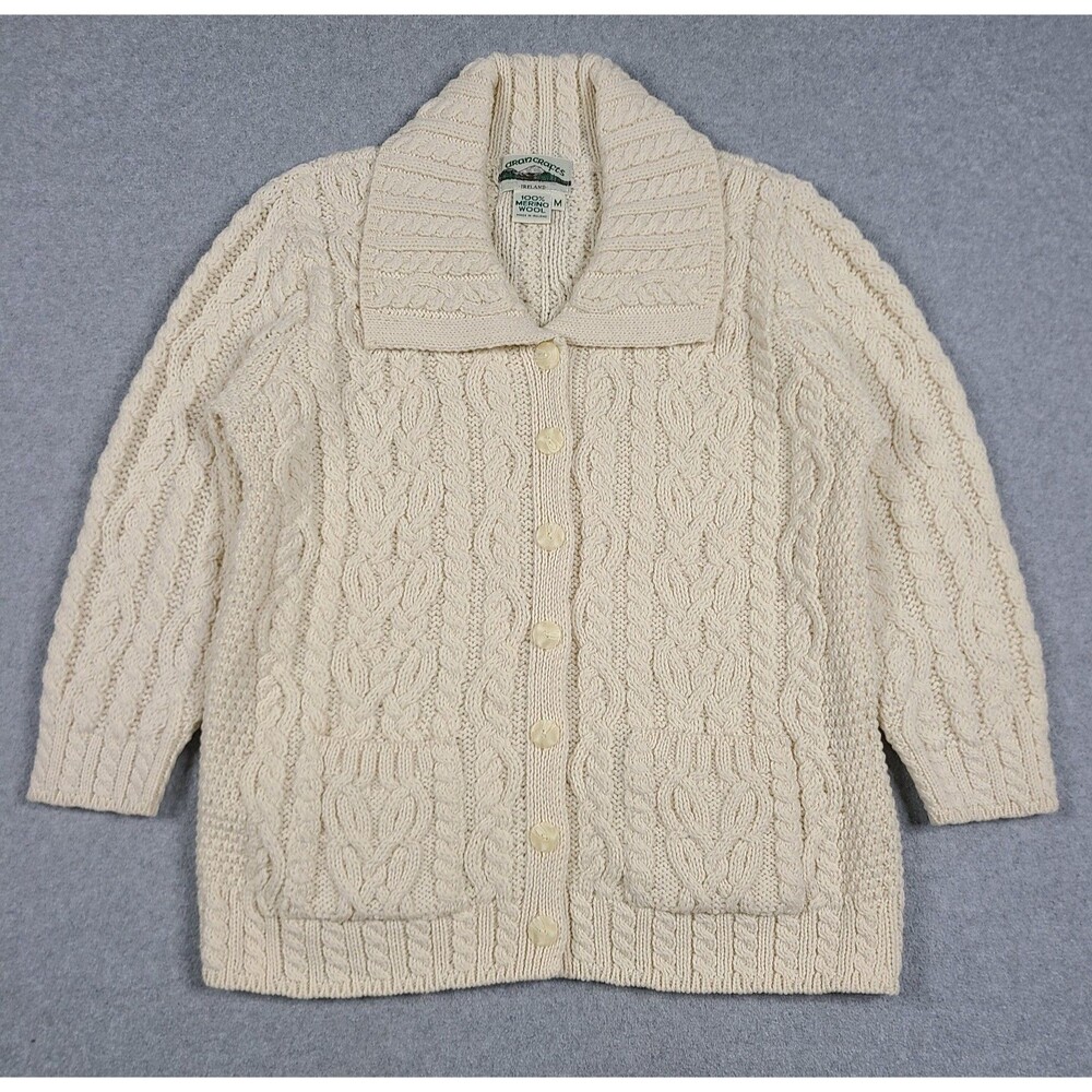Aran Crafts Button Up Merino Wool Cardigan Knit Sweater Womens M 3/4 Sleeves